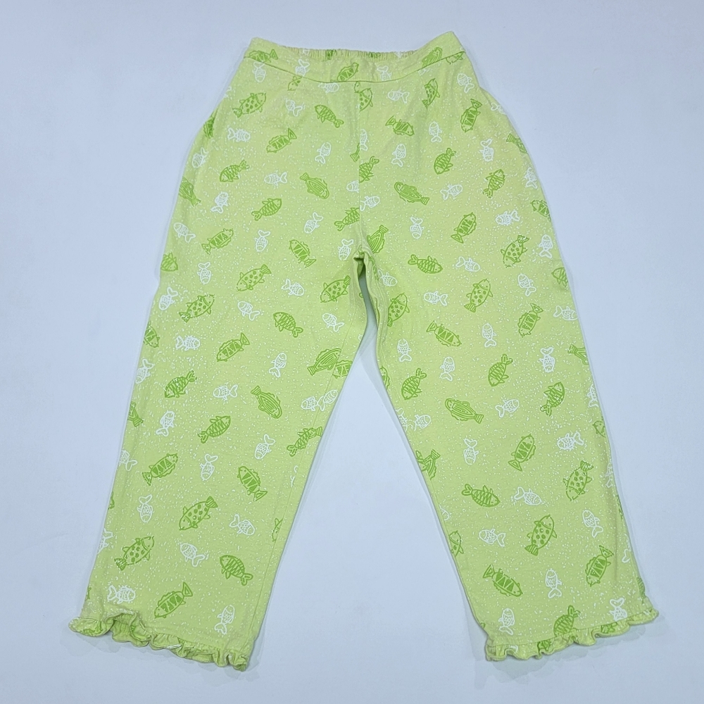 ON WHITE 🐟 Vintage Lime Green|White Fish 'n Seashell Elastic Hi-Waist Capris S